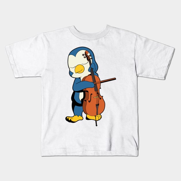 Comic penguin playing cello Kids T-Shirt by Modern Medieval Design
